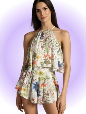 Katie May Anthropologie Floral Blouson Sleepwalker Halter Romper NEW